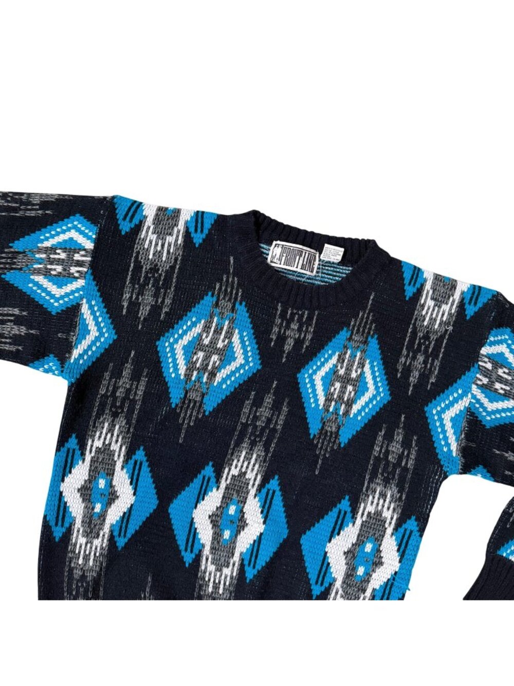 Vintage Aztec Geometric Sweater Pullover Medium Black Blue Unisex Hong Kong 80s